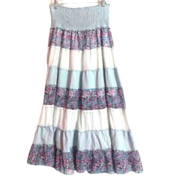 Patchwork Tiered Patchwork Maxi Skirt Size XS-Med Stretch Waistband - Picture 3 of 4